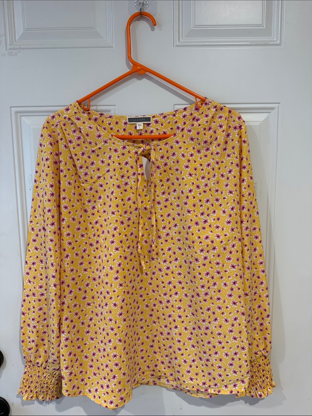 Pleione Yellow Floral Tie-Neck Blouse with Pink Accents